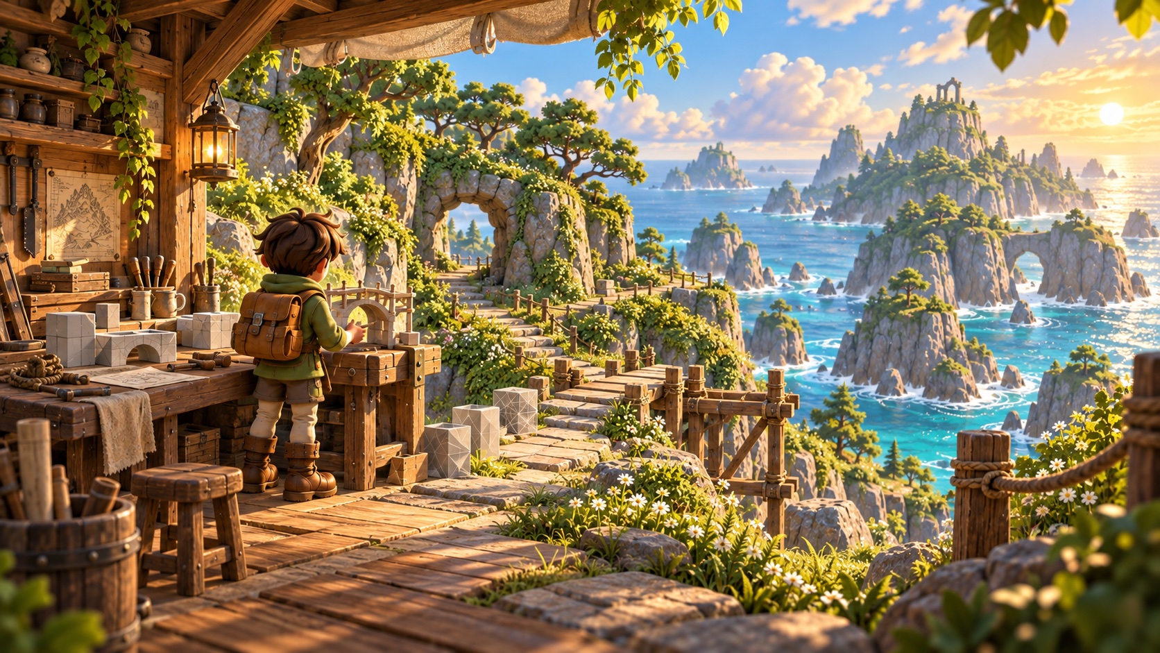 Mosslight concept: an explorer works on simple blockout shapes in a coastal workshop; an intricate island world opens beyond the workbench.