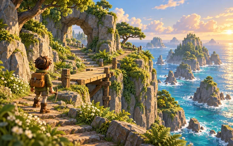 Mosslight concept: a repaired cliffside walkway opens a route through a stone arch toward new islands at sunset.