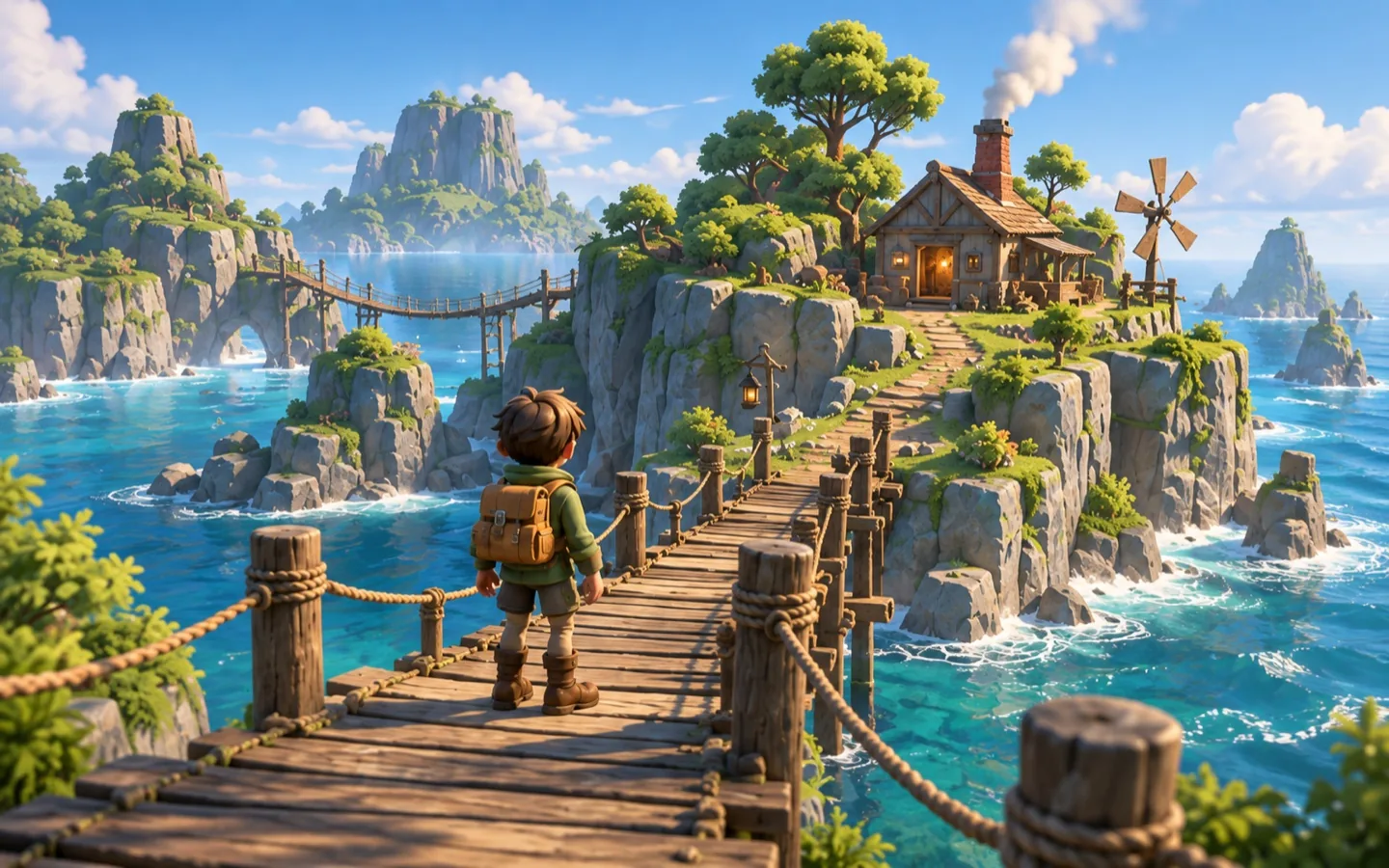 An explorer looks across the islands of Mosslight, our fictional game example