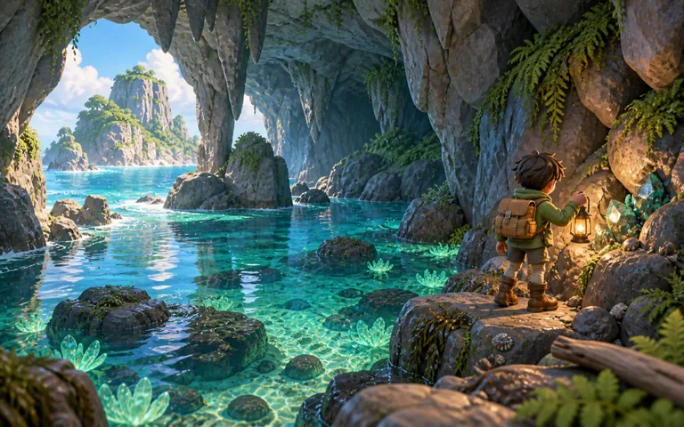 Mosslight concept: the explorer uses a lantern to examine minerals beside clear turquoise pools in a sheltered tidal cave.