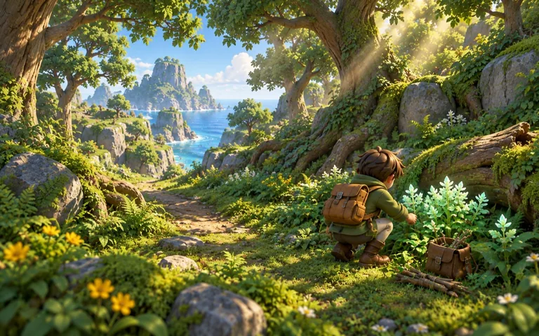 Mosslight concept: the same explorer gathers pale herbs in a sunlit woodland glade overlooking the sea.