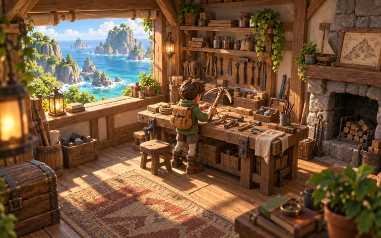Mosslight concept: the explorer crafts a climbing tool at a timber workbench, with the archipelago visible through an open window.